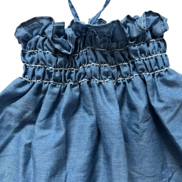 Vintage 70s Montgomery Ward Union Chambray Halter Dress Girls 4 Blue Lace Trim - Picture 2 of 6